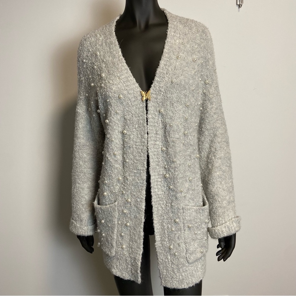 124. OUI faux pearl mohair open cardigan